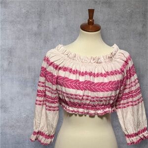 Alba Monti Made in Italy Embroidered Off The Shoulder Crop Blouse Small Pink